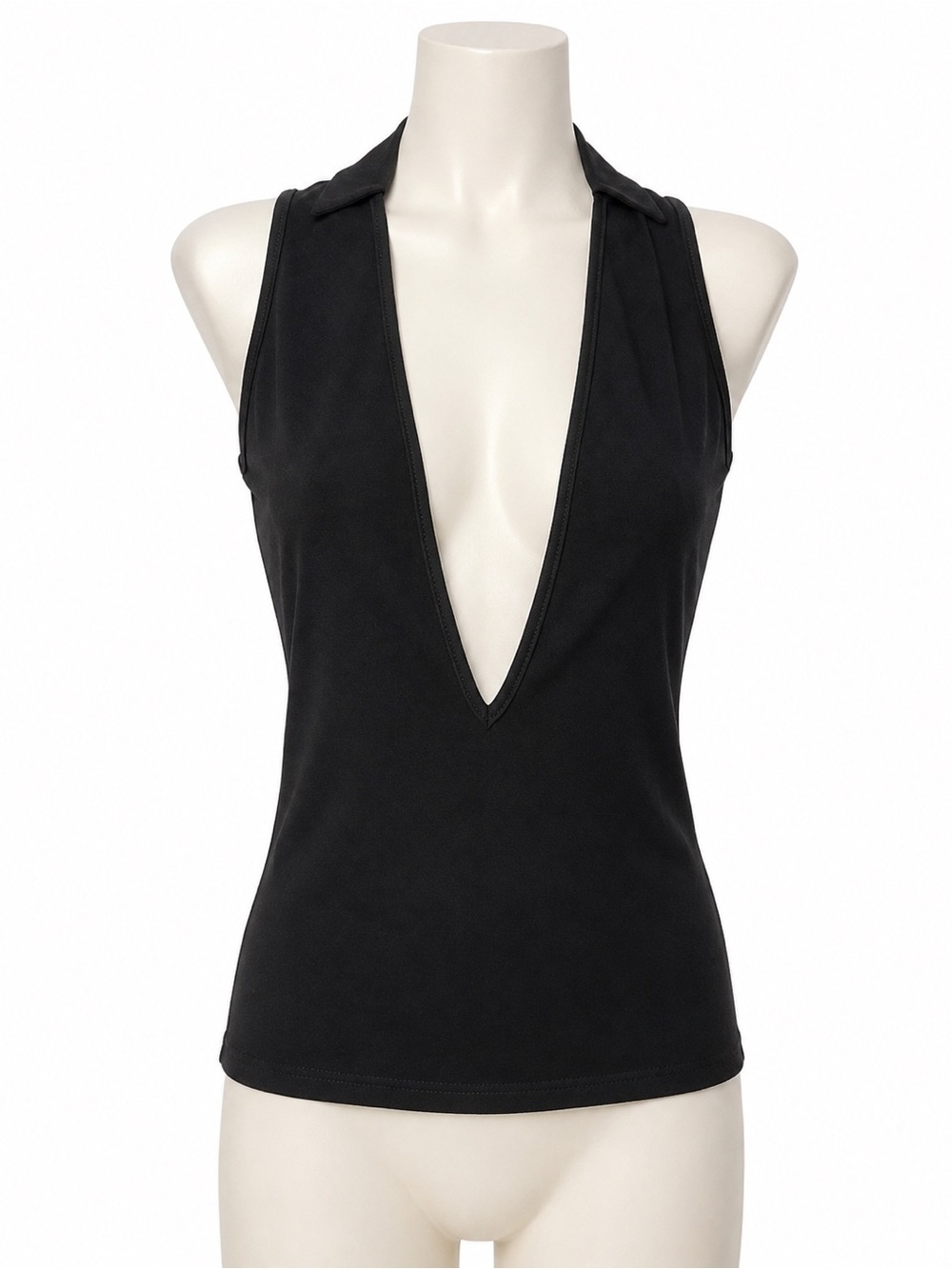 Ya Los Angeles Black Deep V Sleeveless Collared Tank